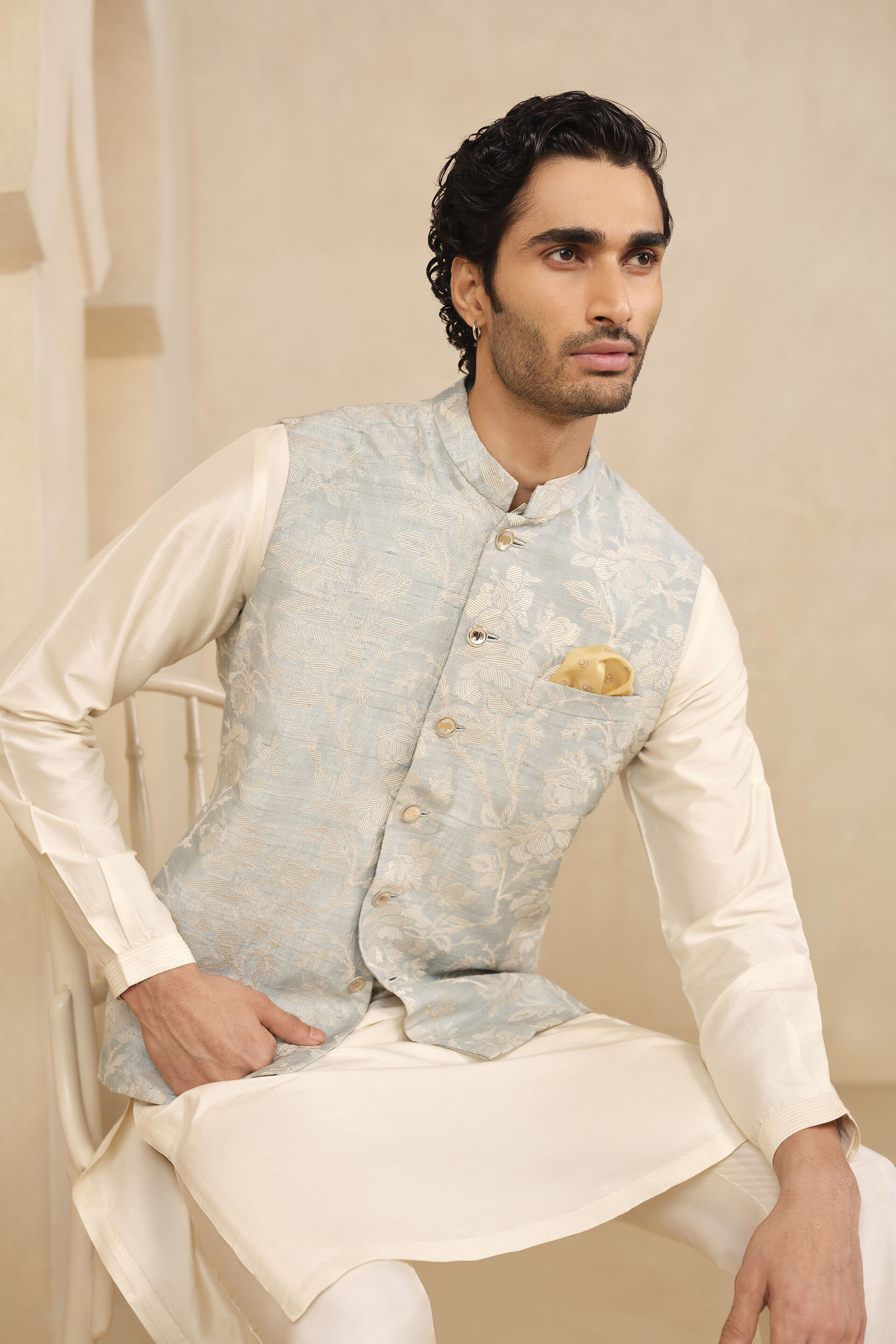 Avan Embroidered Silk Nehru Jacket - Powder Blue, Powder Blue, image 4